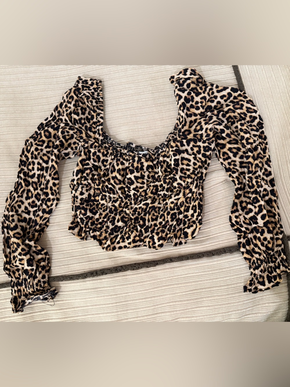 H&M Beige and Black Leopard Smocked Cropped Blouse